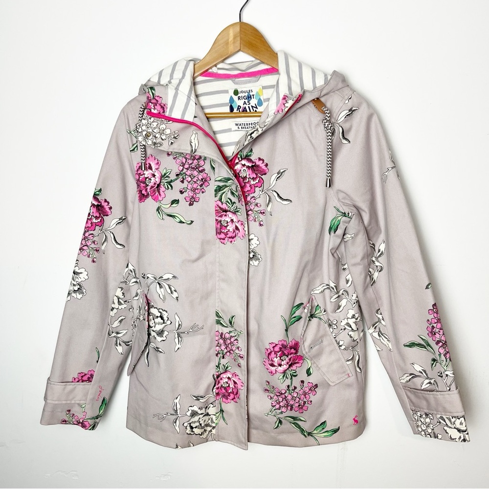 Joules gray Pink Floral Utility Jacket zip hooded size 6 waterproof‎